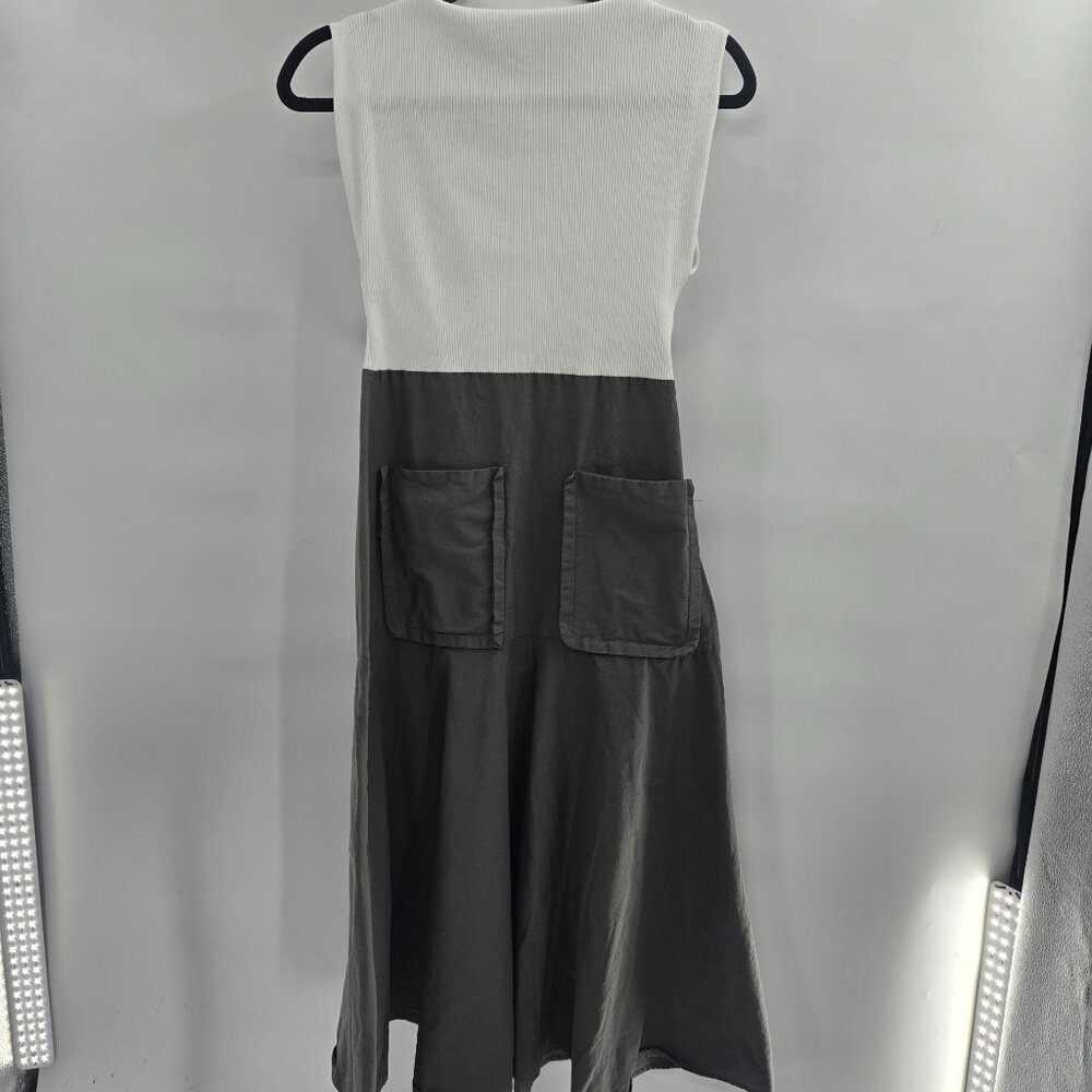 Zara White Green Cotton Ribbed Pockets Sleeveless Midi Dress Medium